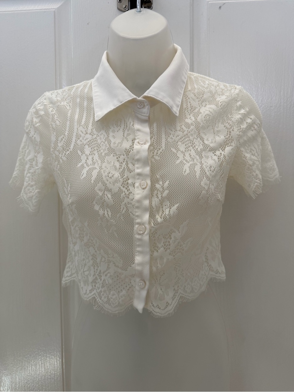 Windsor Ivory Lace Crop Short Sleeve Button Top Sz S